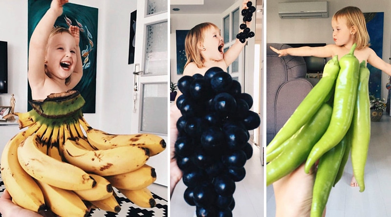Não pode brincar com comida? Artista "veste" filha em frutas e vegetais