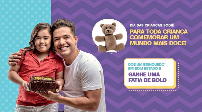 Sodiê troca brinquedo usado por fatia de bolo em campanha de Dia das Crianças