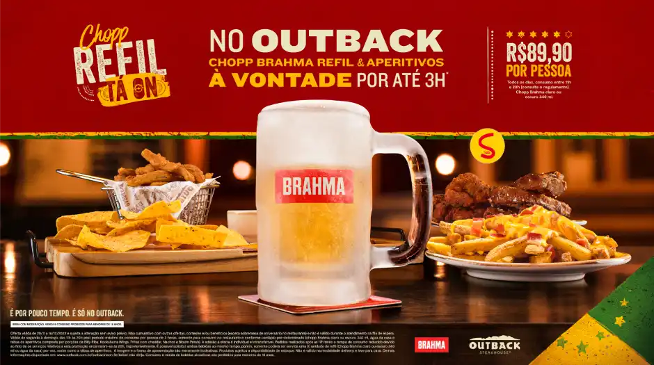 Em clima de Copa, Outback e Brahma lançam refil de chopp e aperitivos à vontade